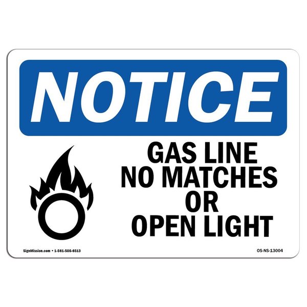 Signmission OSHA Notice Sign, 10" H, 14" W, Gas Line No Matches Or Open Lights Sign With Symbol, Landscape OS-NS-D-1014-L-13004